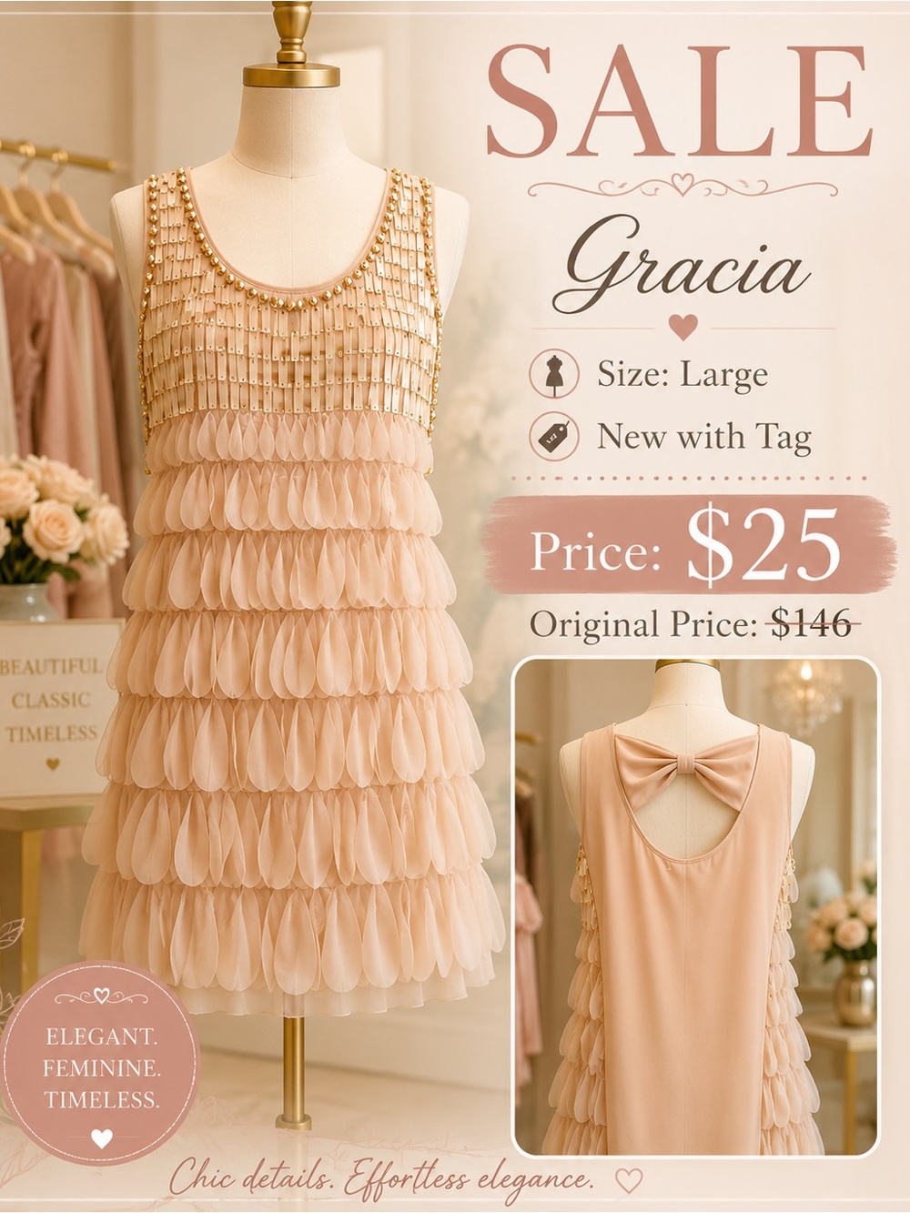 Gracia Tiered Ruffle Mini Dress in Blush peach with Beaded Neckline